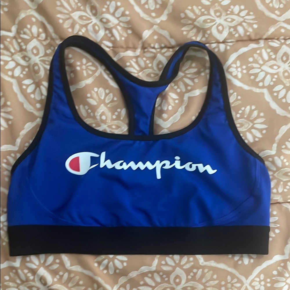 Champion Blue and Black Sports Bra with Racerback Design
